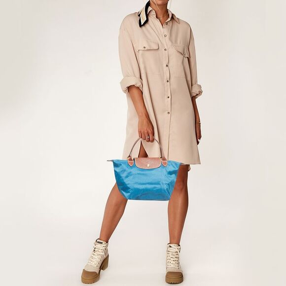 Longchamp Brown/Teal Blue Nylon and Leather Small Short Le Pliage Tote - Picture 2 of 4